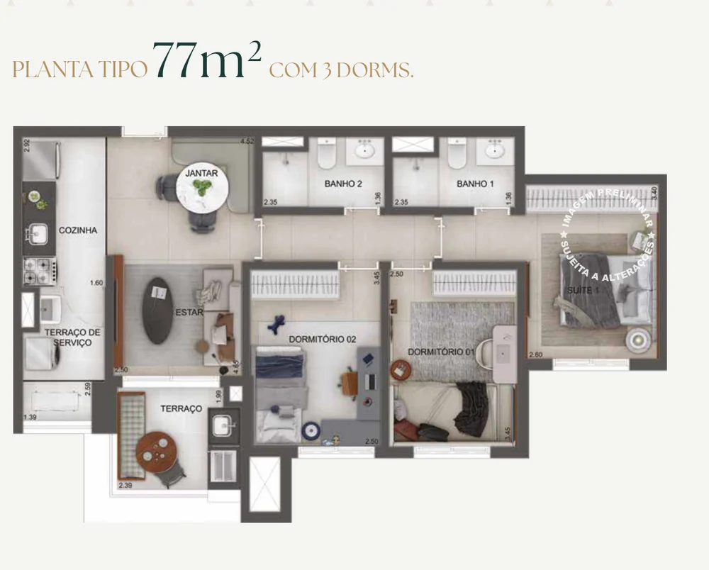 Planta do apartamento de 77 m² (3 dormitórios) no Gran Resort Reserva São Caetano