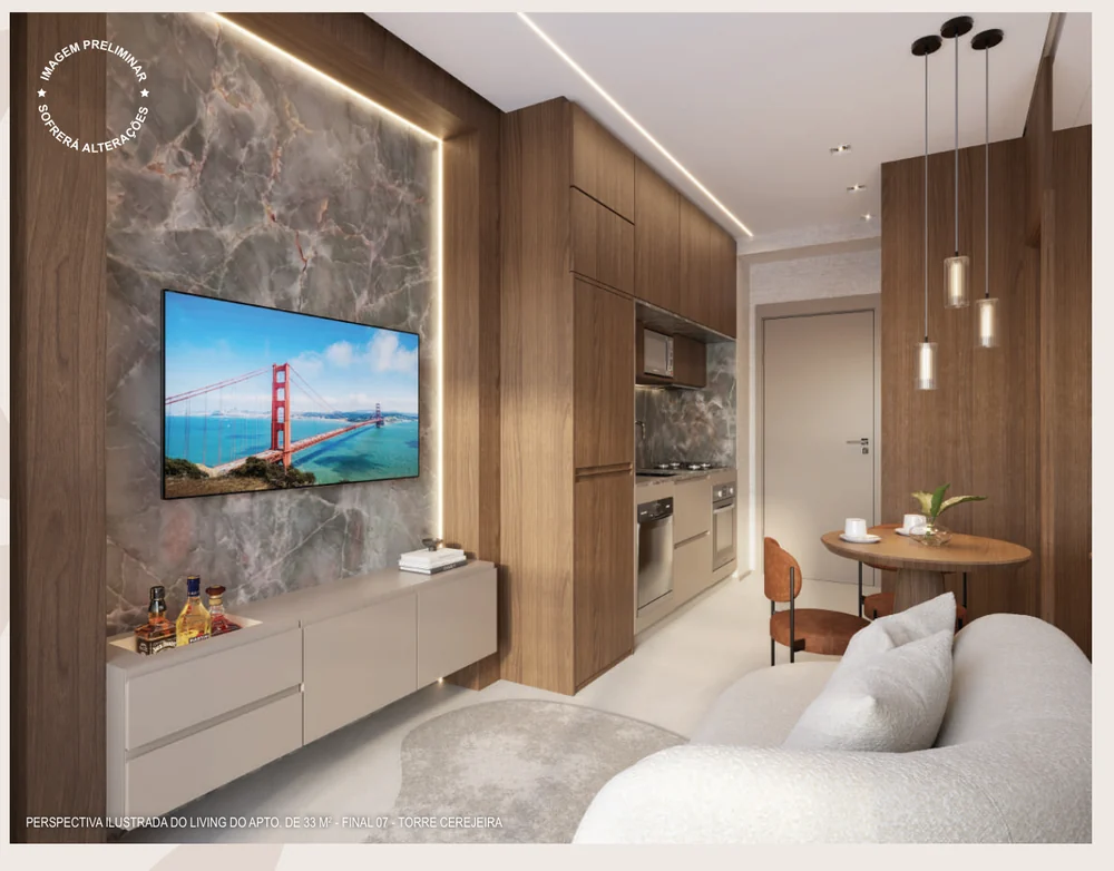 Living do apartamento de 33 m² no Reserva São Caetano Bosque