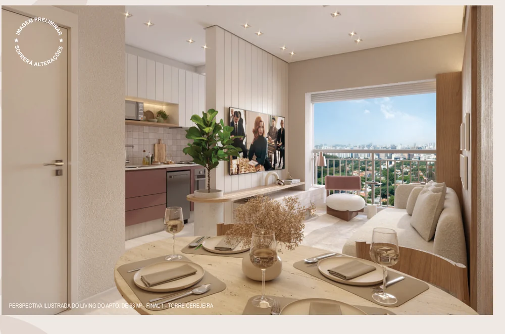 Living do apartamento de 64 m² no Reserva São Caetano Bosque