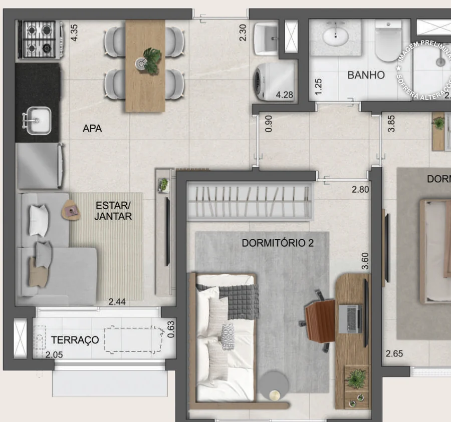 Planta do apartamento de 47 m² com 2 dormitórios no Reserva São Caetano Bosque